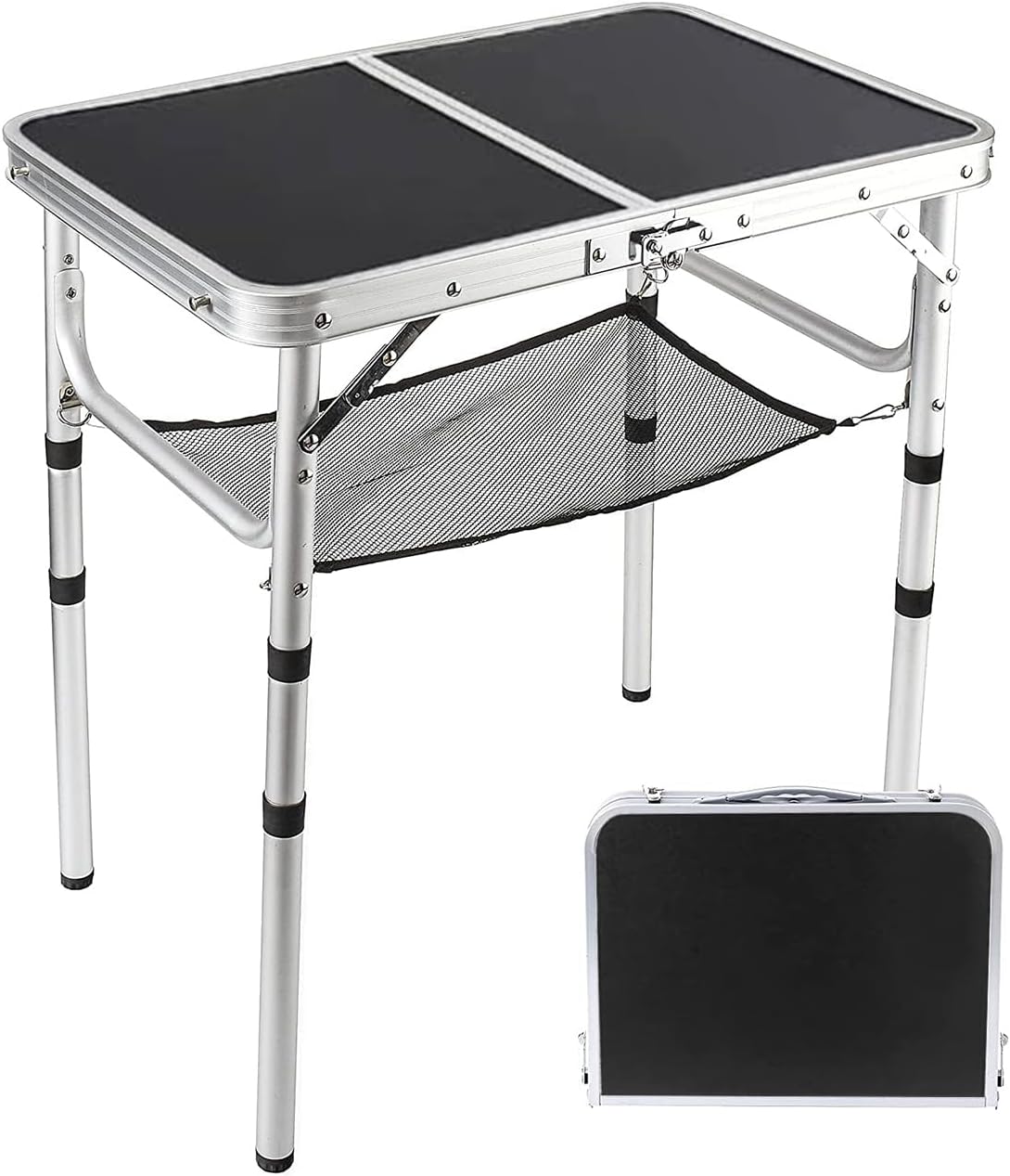 Mesa plegable pequeña de 2 pies, mesa de campamento portátil con soportes de malla, altura ajustable de aluminio ligero, con asa de transporte para