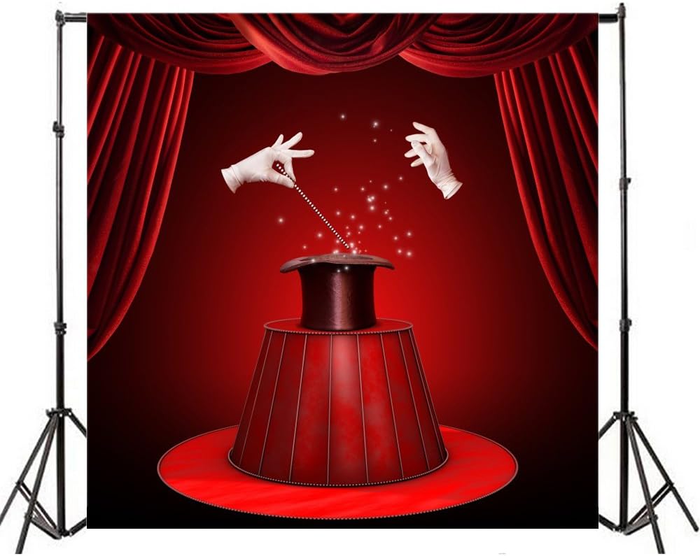 Yeele Fondo de espectáculo mágico de 10 x 10 pies para fotografía, cortina roja de circo, guantes blancos, sombrero negro, fondo de teatro, mago,