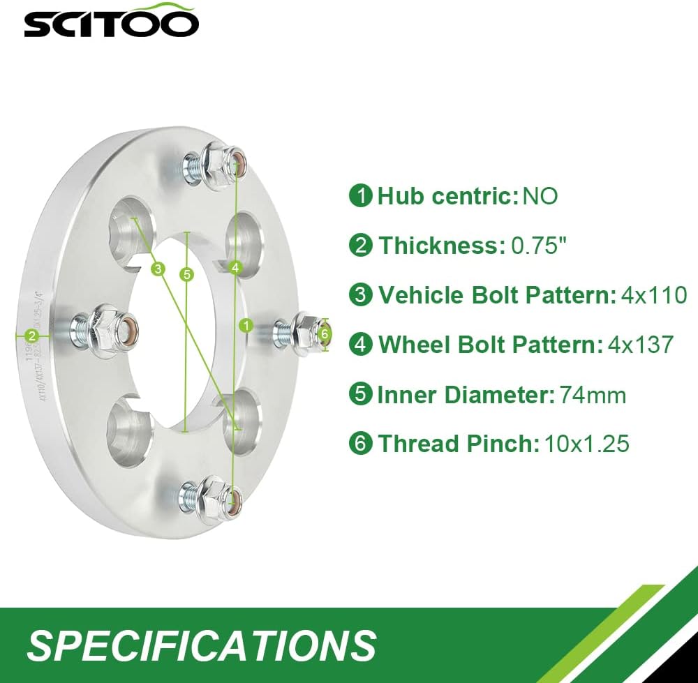 SCITOO 2 adaptadores de rueda de 4 x 110 a 4 x 137, pernos de 0.75 pulgadas, orificio de 10 x 1.25 pulgadas, apto para Honda TRX500FM6 FourTrax