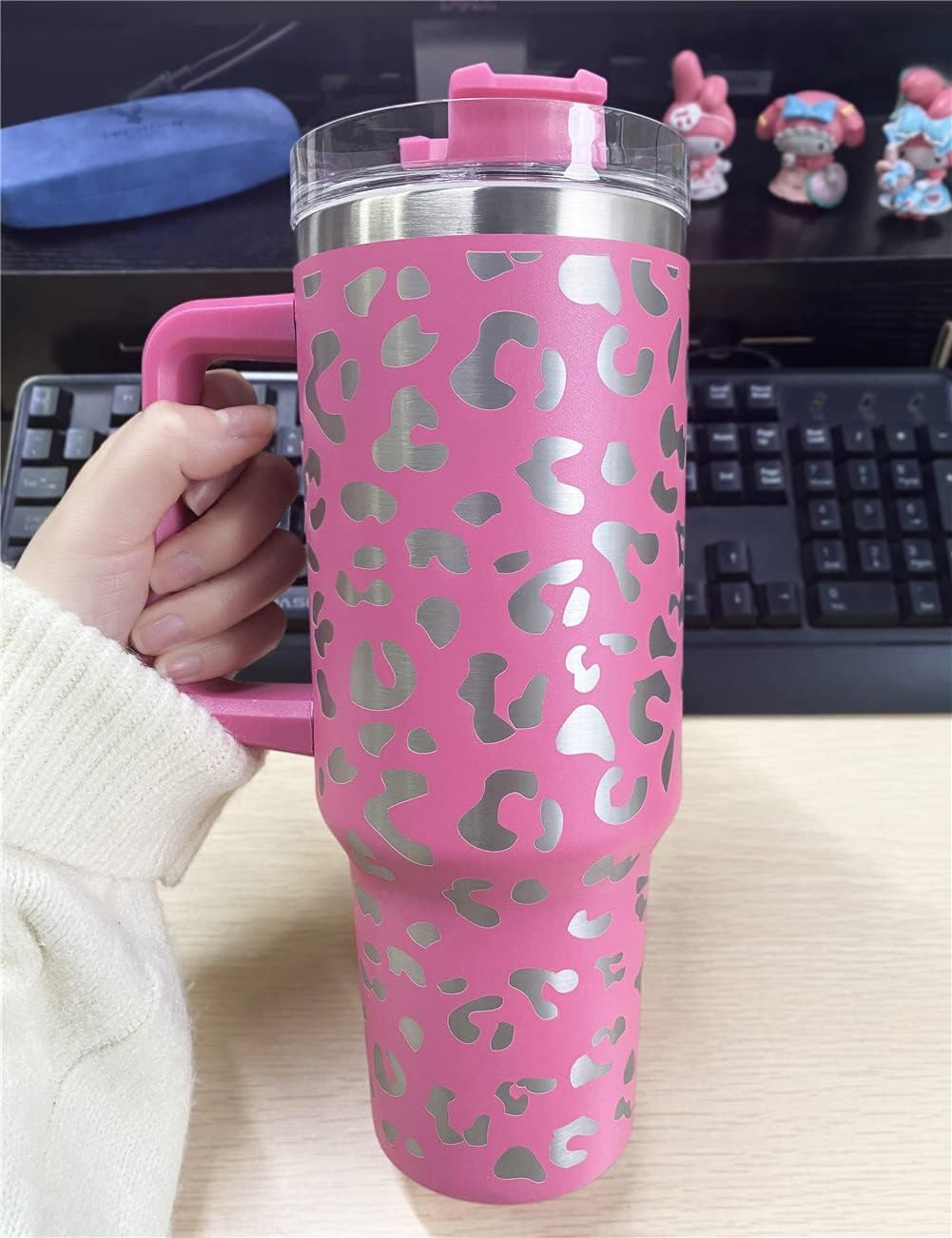 Vaso de 40 onzas con asa, termo de acero inoxidable con diseño de leopardo, taza de café, taza de café para exteriores, para automóvil, deportes,