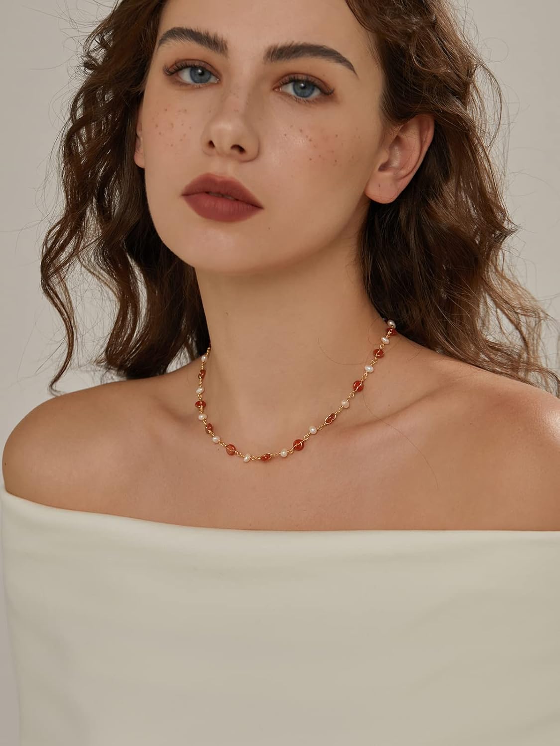 DAUMIER Freshwater Pearl Donut Red Agate Choker January Birthstone Jewelry Necklace for Women