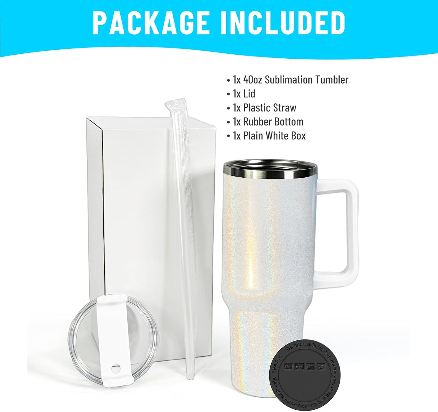 Stanley Dupe – Vaso de sublimación holográfico de 40 onzas con asa y tapa de pajita, vaso de sublimación de 40 onzas con mango extraíble, vaso de