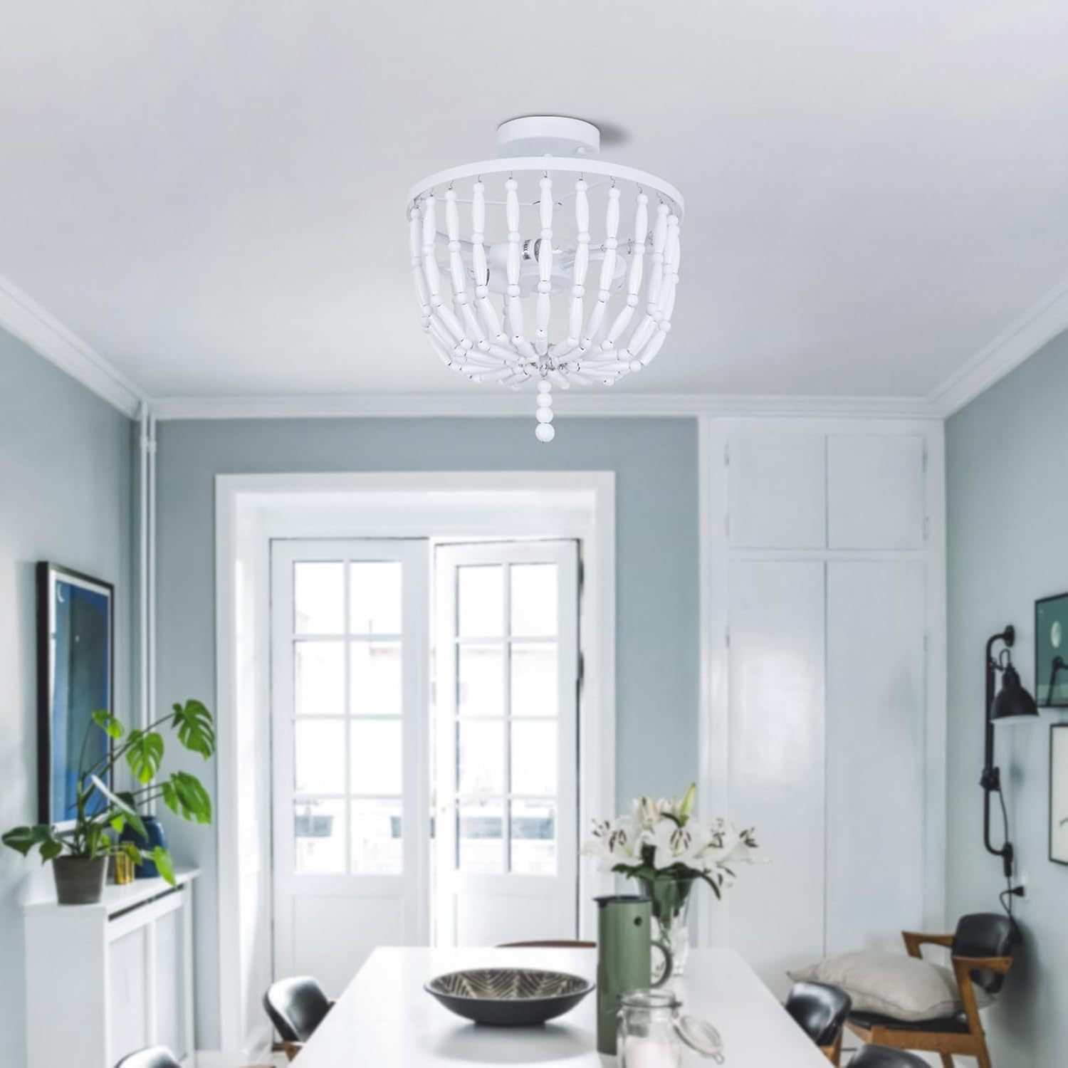 Lámpara de techo con cuentas de madera, estilo bohemio, 3 luces, semiempotrada, lámpara de techo blanca para sala de estar, dormitorio, guardería,