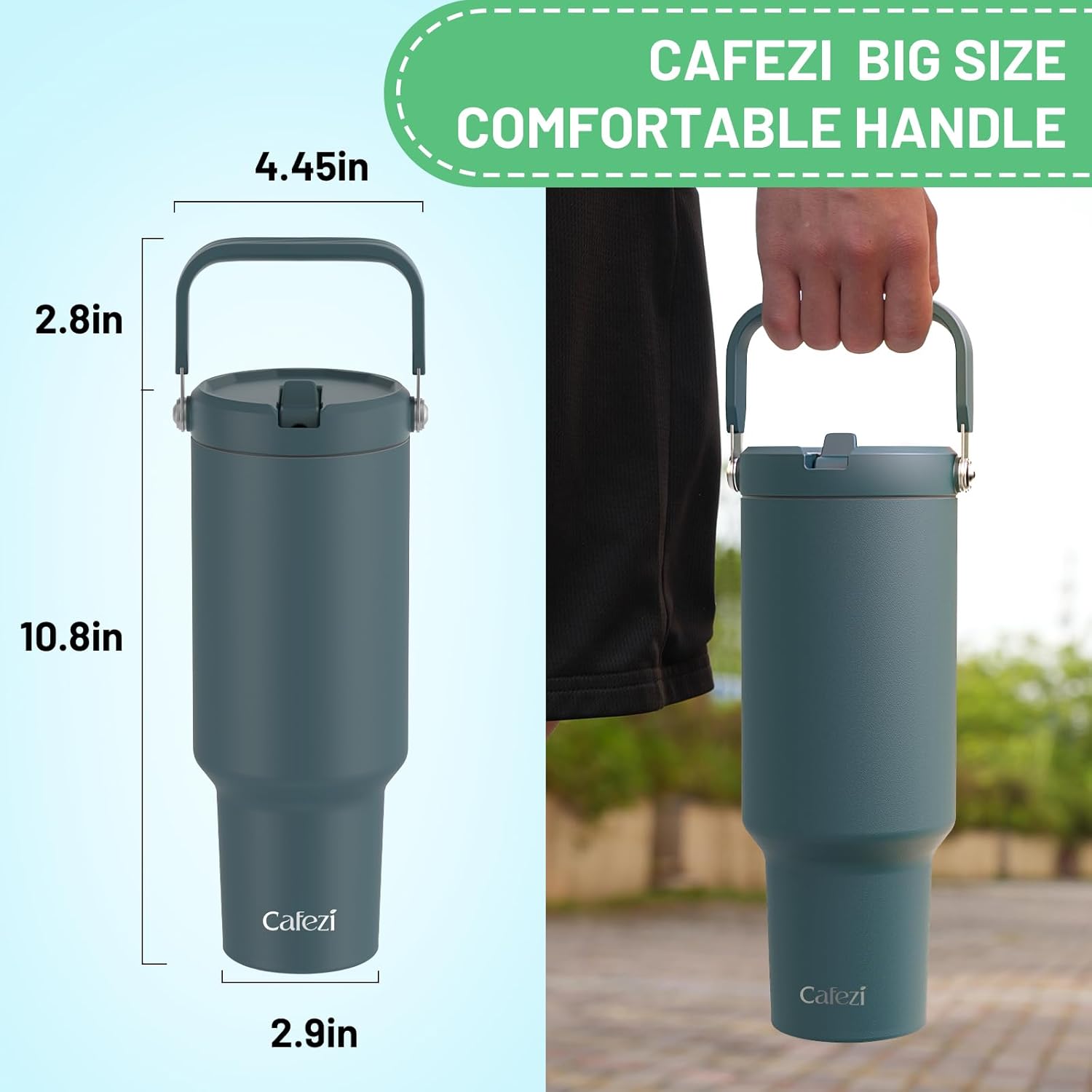Vaso de 40 onzas con tapa y pajilla, de acero inoxidable aislado al vacío con popote abatible y asa superior, botella de agua aislada reutilizable
