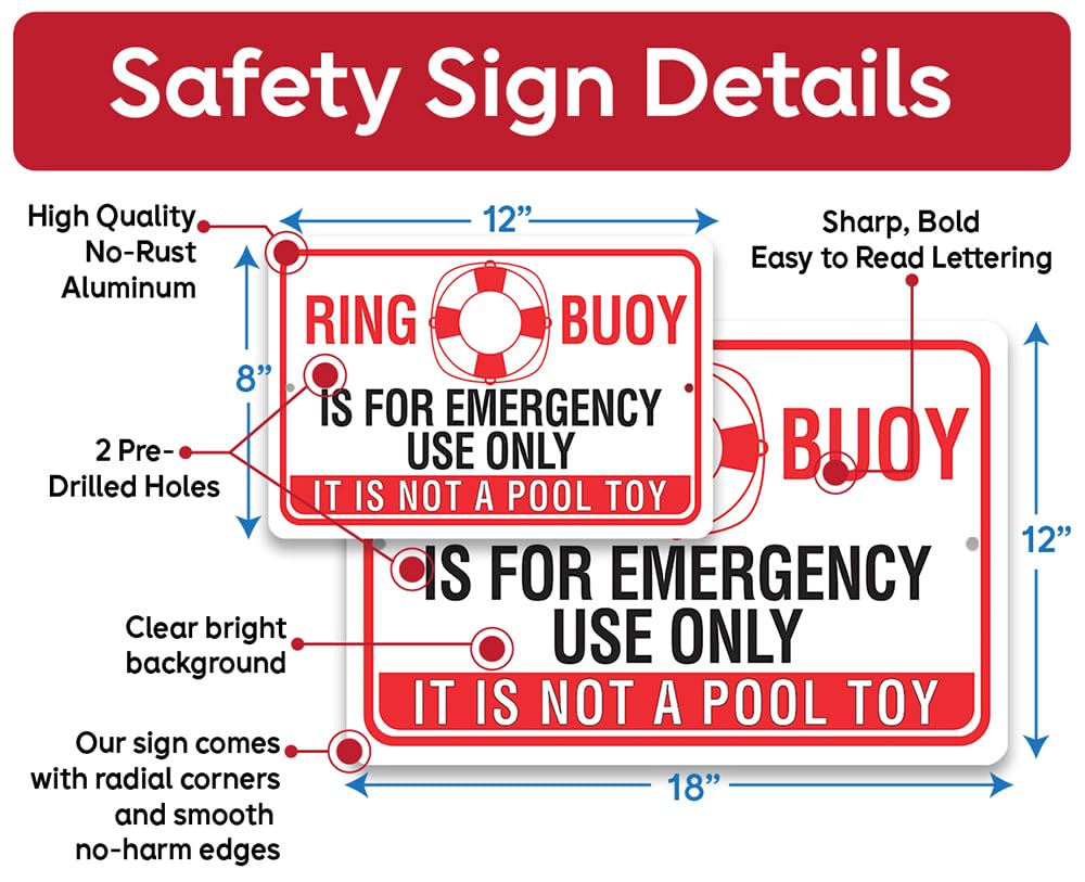 Metal Sign – Ring Buoy is For Emergency Use Only, It is Not a Pool Toy – Use IndoorOutdoor – Pool Safety Precaution and Notice to Public to Minimize