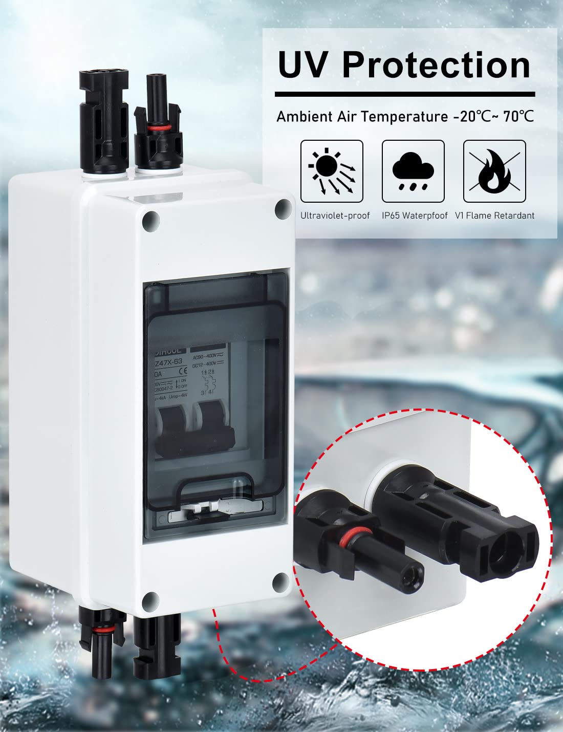 DIHOOL Interruptor de desconexión solar de 30 amperios, disyuntor en miniatura con caja de riel din caja al aire libre para paneles solares