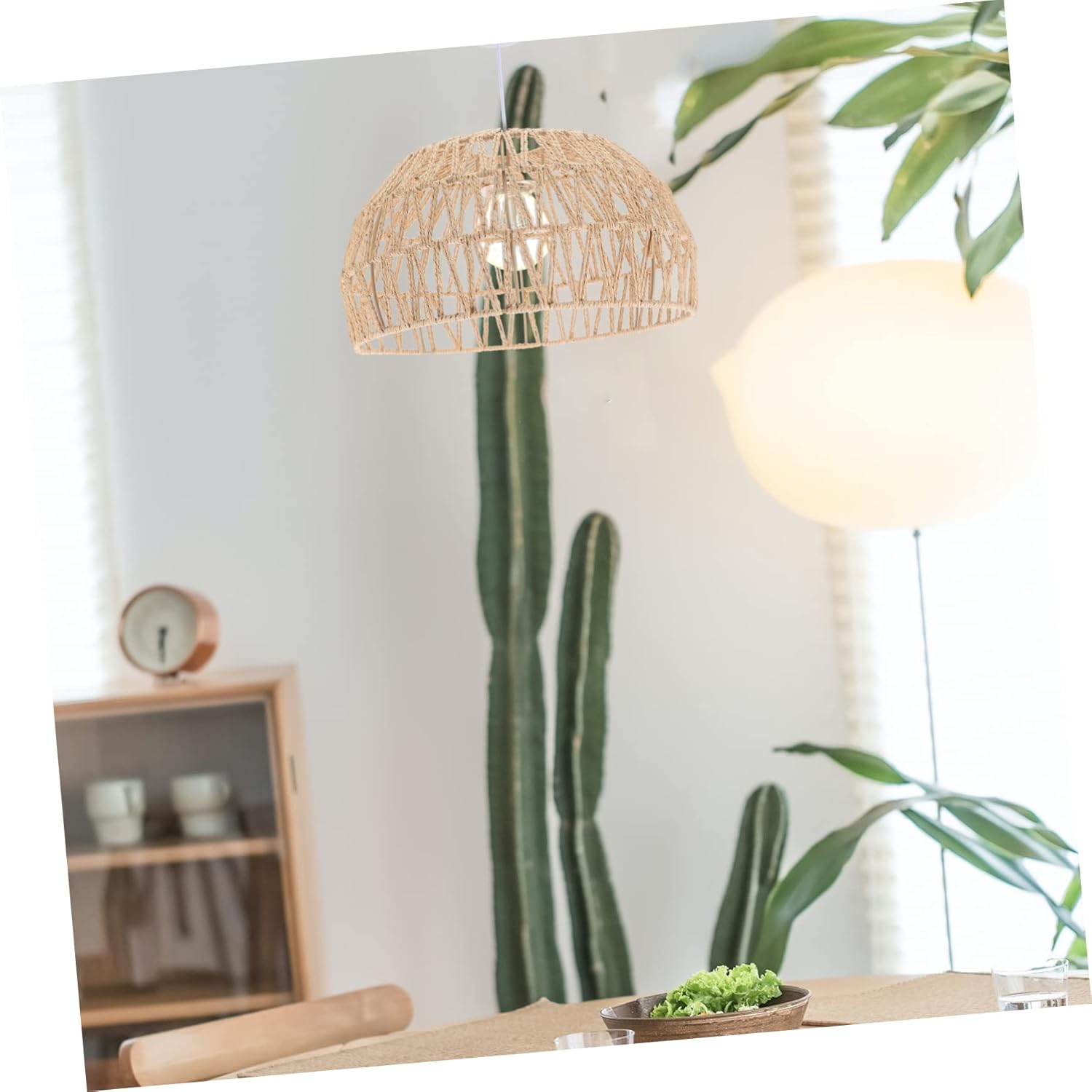 DOITOOL Pantalla de cuerda de papel de ratán de imitación, luces colgantes, lámparas rústicas para interiores, lámparas de techo de ratán de
