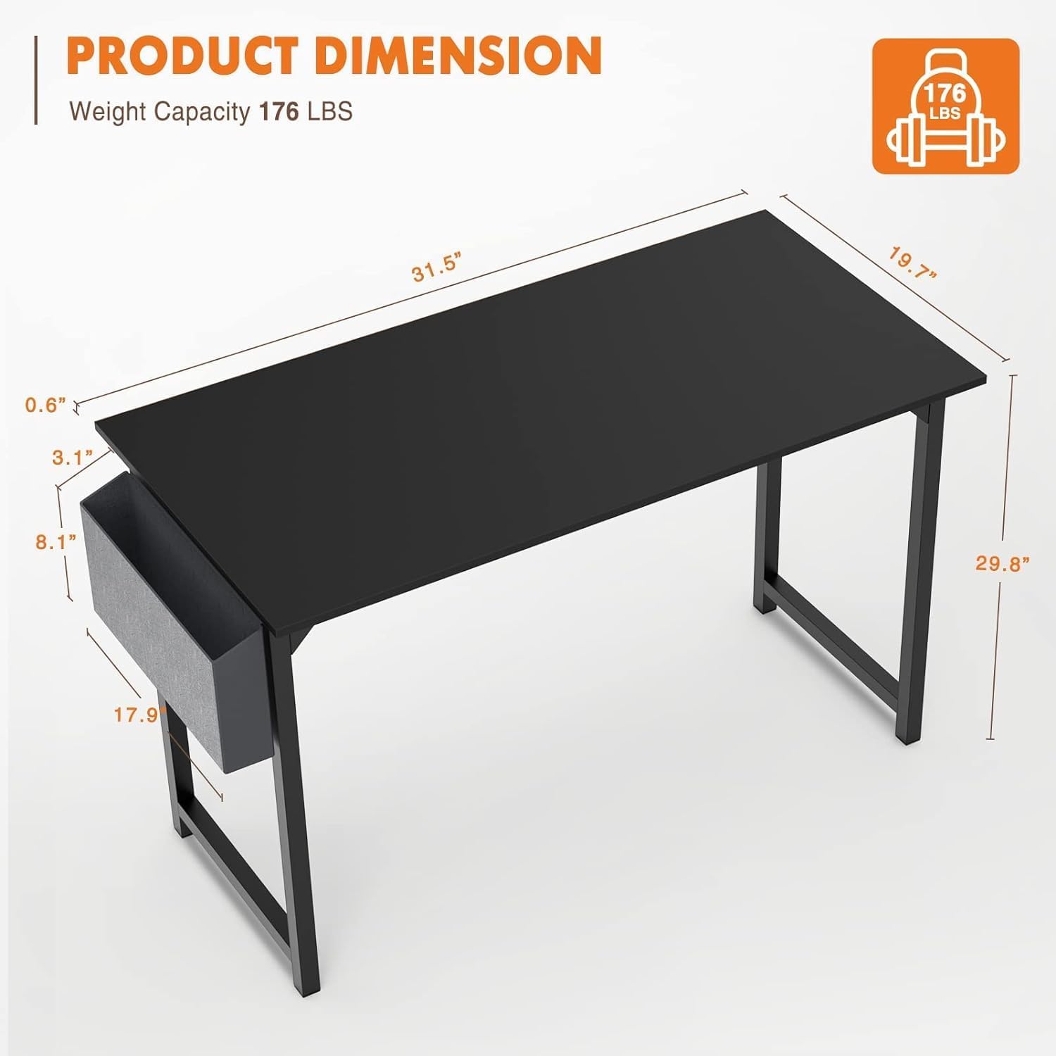 Sweetcrispy Escritorio – Mesa pequeña de madera de 32 pulgadas con bolsa de almacenamiento y gancho de hierro para el hogar, dormitorio, color negro