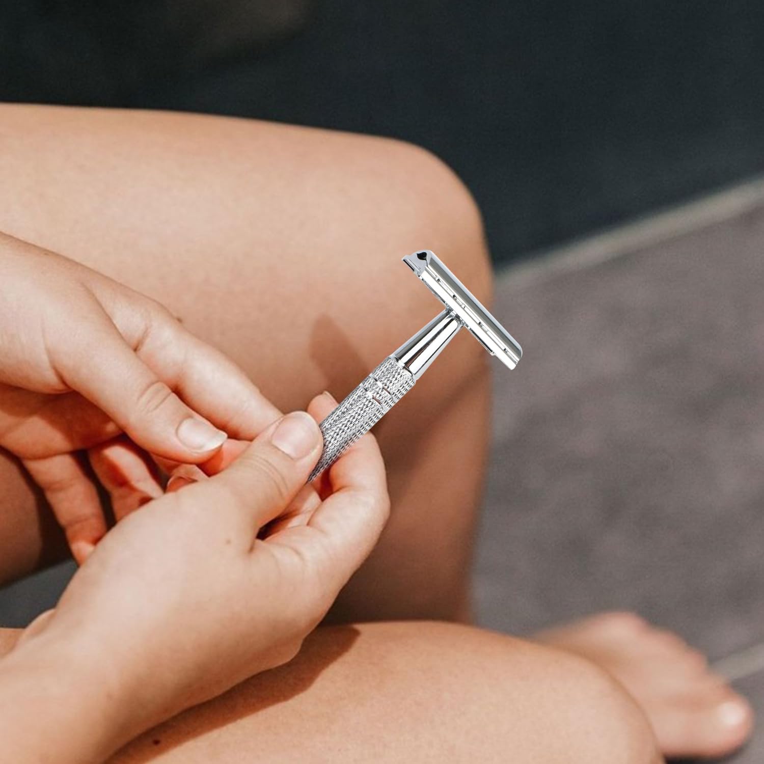 Maquinilla de afeitar de seguridad plateada de doble filo con soporte para hombres y mujeres, maquinilla de afeitar reutilizable de una sola hoja