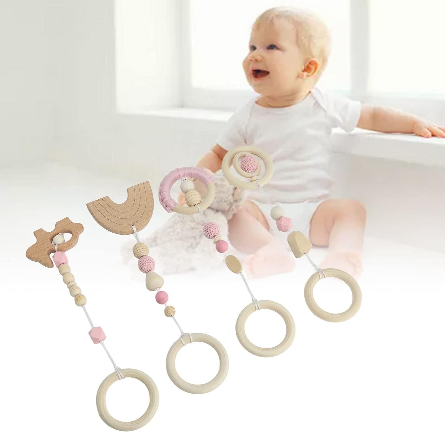 Juguetes colgantes de madera, haya, 4 piezas de cochecito, juguetes colgantes para bebé, gimnasio, juguetes colgantes de madera para niños pequeños