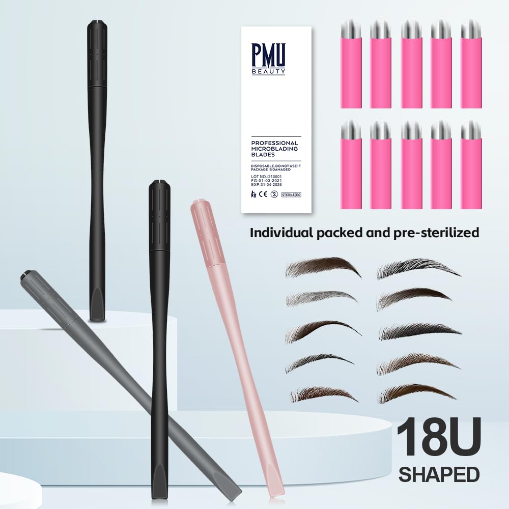 10 Uds Microblading Manijas Desechables Manual Microblading Pen Holder Rosa Nano 18 U .0.709 in Hoja Pigmento Esponja Esterilizado Microblade