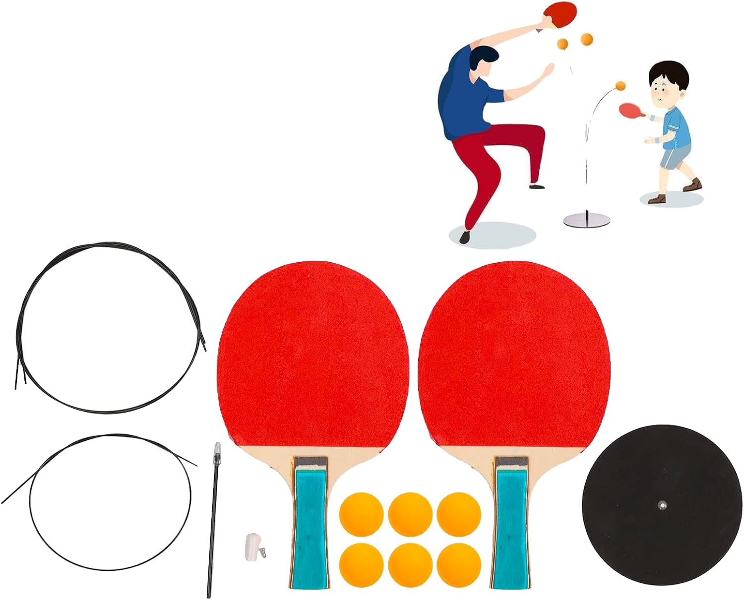 HURRISE Juego de paletas de pelotas de tenis de mesa, juego de paletas de ping pong con pelotas, entrenador de tenis de mesa con eje elástico, base