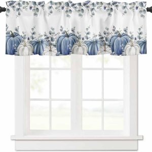 Cenefa de cortina de cocina con calabazas blancas y azules, cenefas cortas de otoño, para sala de estar, dormitorio, baño, cafetería, decoración de Cenefa de cortina de cocina con calabazas blancas y azules, cenefas cortas de otoño, para sala de estar, dormitorio, baño, cafetería, decoración de