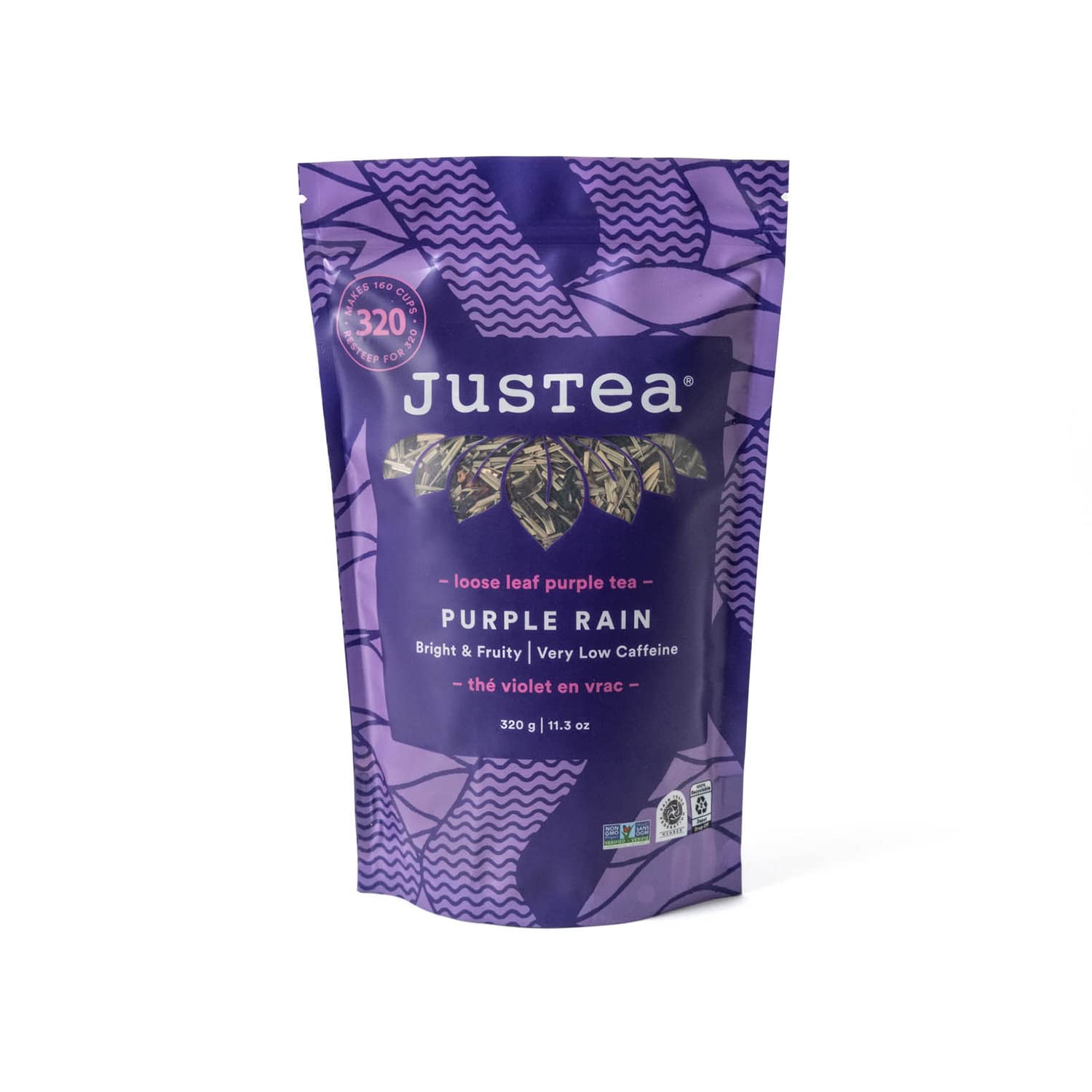 JusTea PURPLE RAIN  Bolsa de repuesto de té morado de hojas sueltas más de 160 tazas (11.3 onzas)  Muy baja cafeína  Galardonado  Comercio Justo