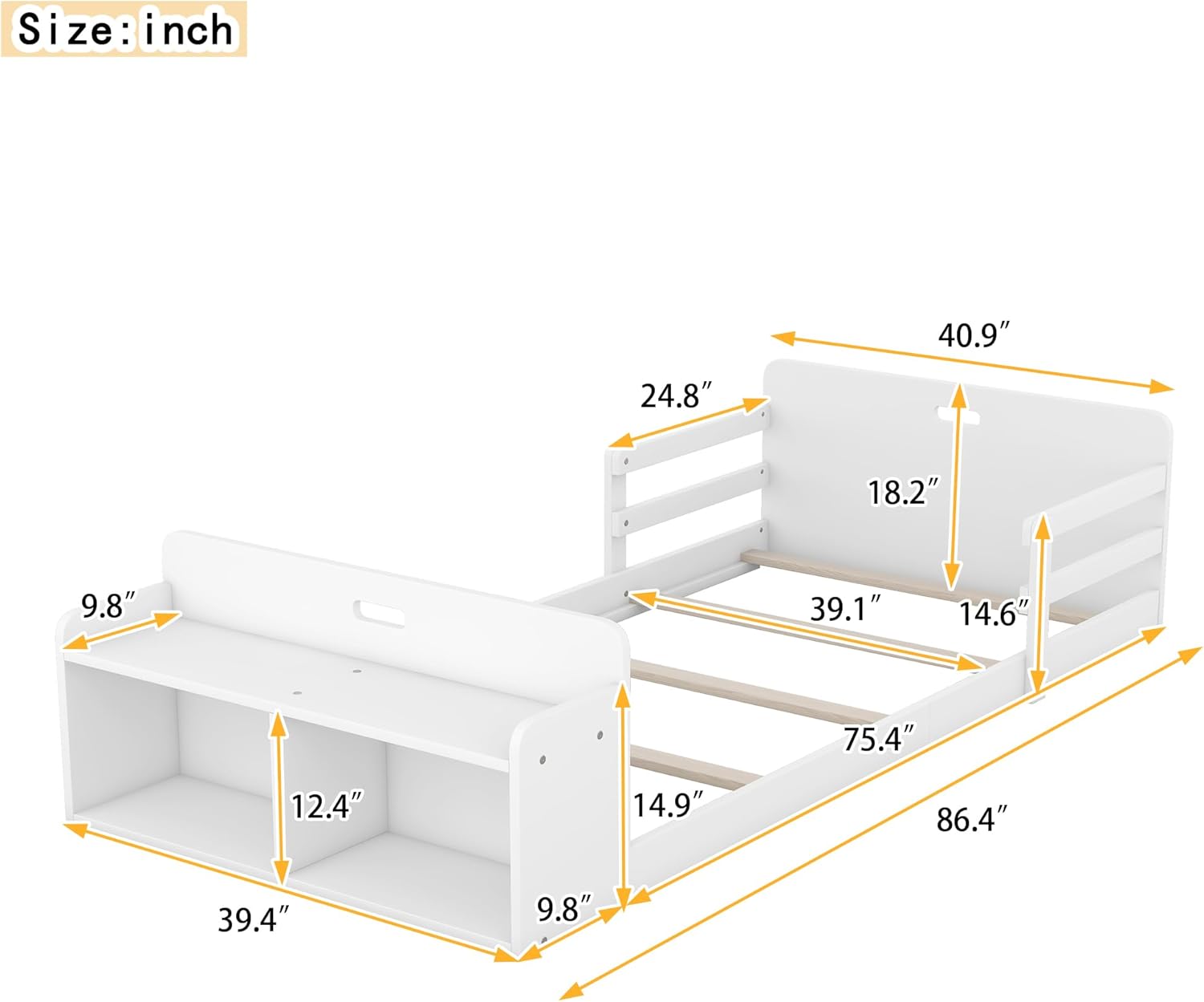 Cama de suelo de tamaño individual con rieles y banco de almacenamiento, marco de cama de madera para niños con cabecera y estribo, no necesita