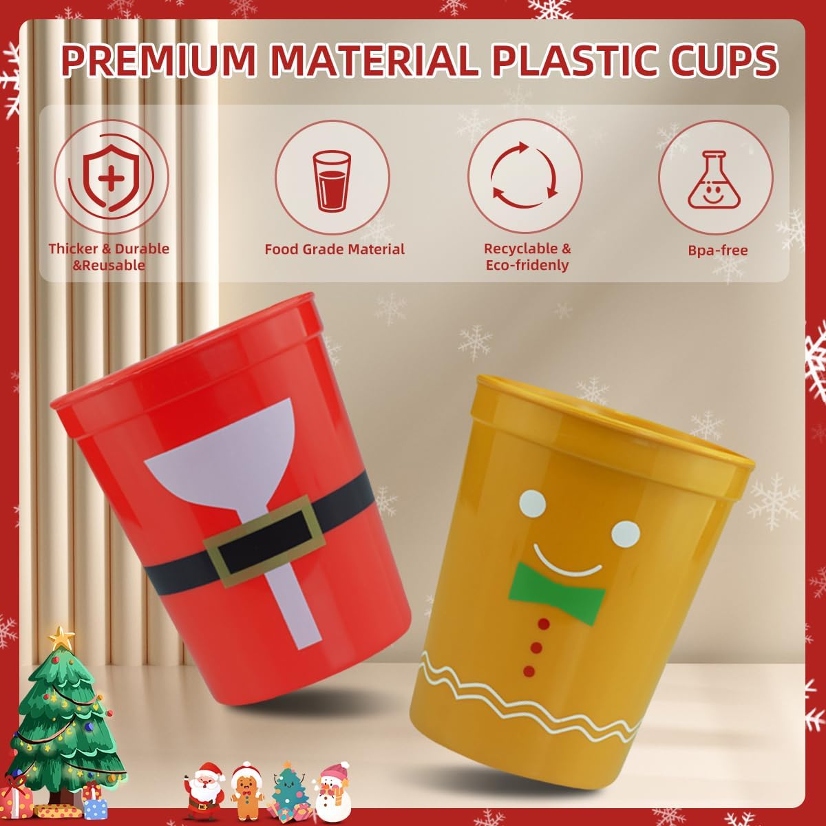 Rokochoes 24 vasos de plástico reutilizables para fiestas navideñas, con elementos navideños, aperitivos, tazones de Papá Noel, cuencos de helado,