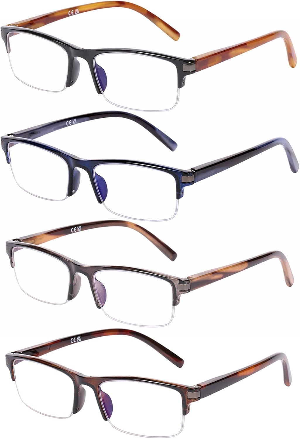 AQWANO Paquete de 4 lentes de lectura de medio marco para hombres y mujeres, con bloqueo de luz azul, calidad elegante, clásica, antirreflejos,