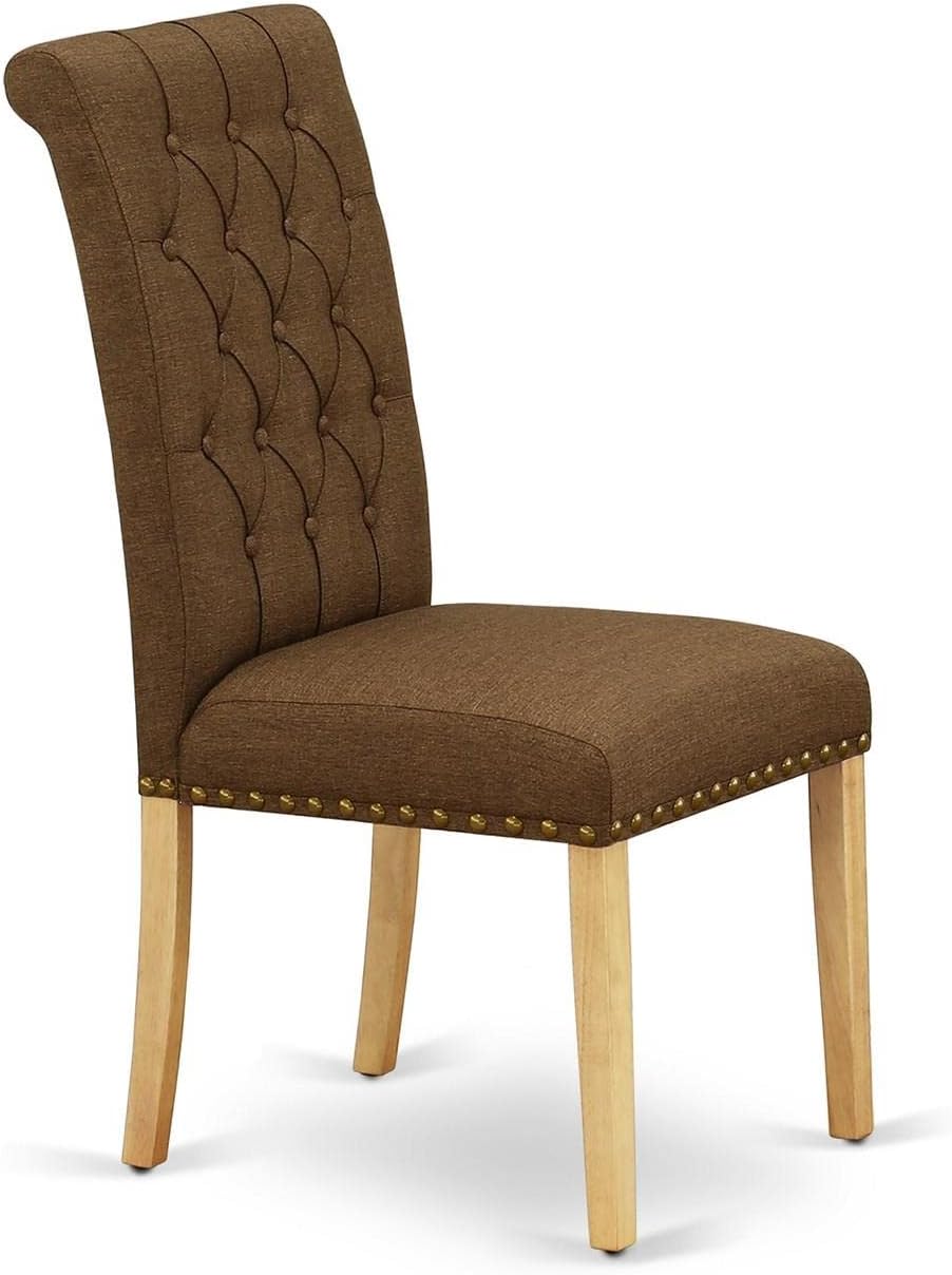 East West Furniture BRP4T18 Parson – Juego de 2 sillas de comedor tapizadas de tela de lino marrón con botones y ribete de clavos, color roble