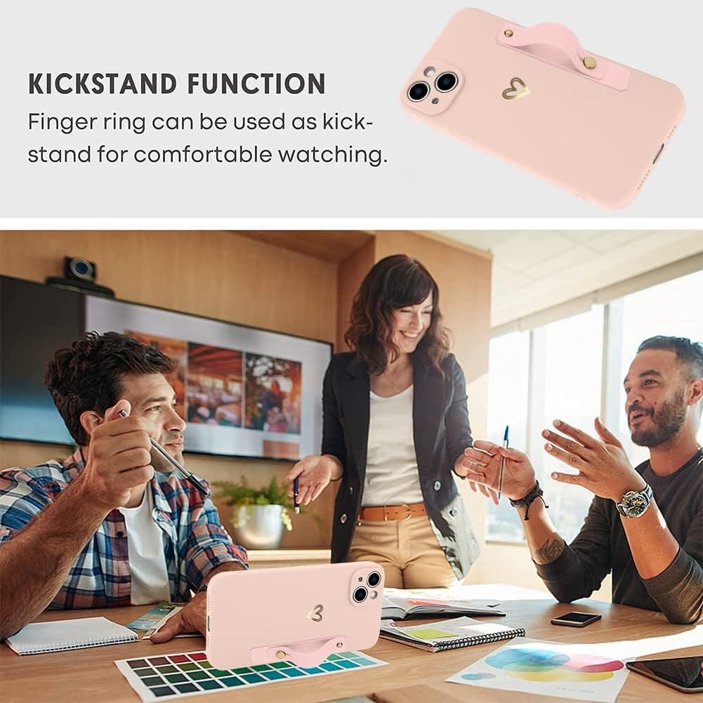 Funda compatible con iPhone 14 Plus de 6.7 pulgadas para mujeres y niñas, bonito patrón de corazón dorado con soporte de mano para muñeca, delgada,