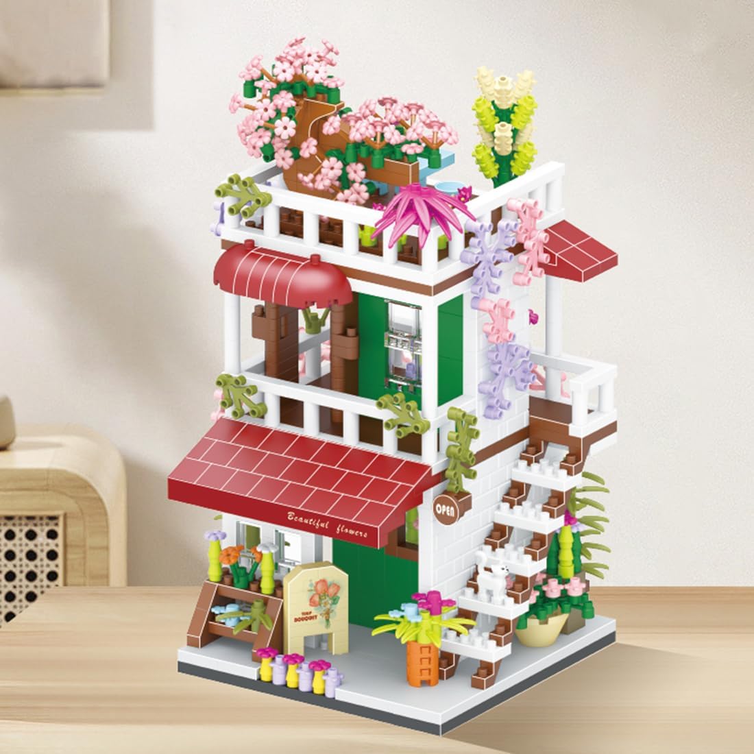 Juego de bloques de construcción de mini casa, MOC Street Store (1085 piezas), buena idea de regalo para niños y niñas (floristería)