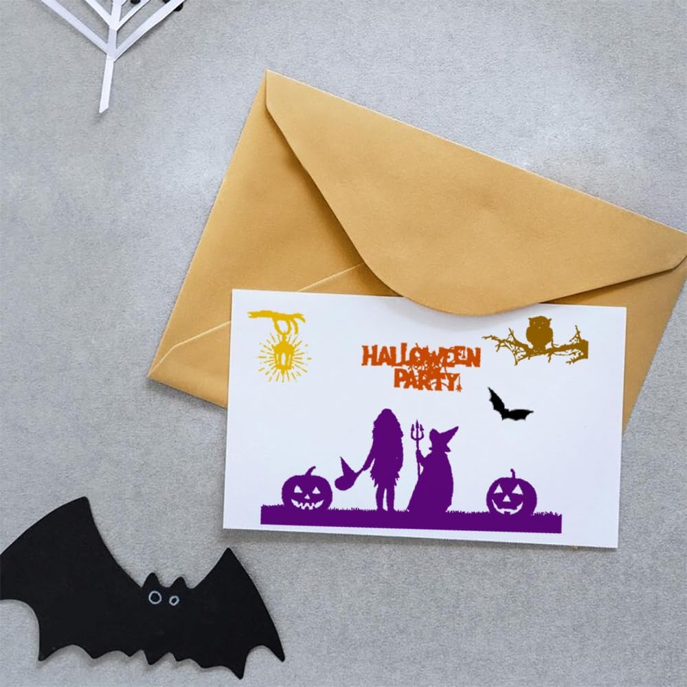 Sellos transparentes de Halloween para hacer tarjetas, palabras de Halloween, niñas, vallas de bruja, fondo, sello transparente de Halloween, sello