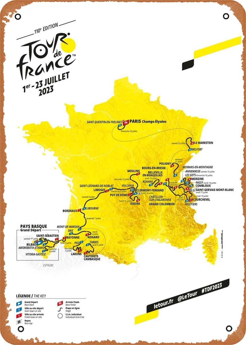 muecddoa Tour de France Map 2023 – Póster deportivo vintage de metal de 8 x 12 pulgadas (7.9 x 11.8 in), póster retro, bar, cafetería, restaurante