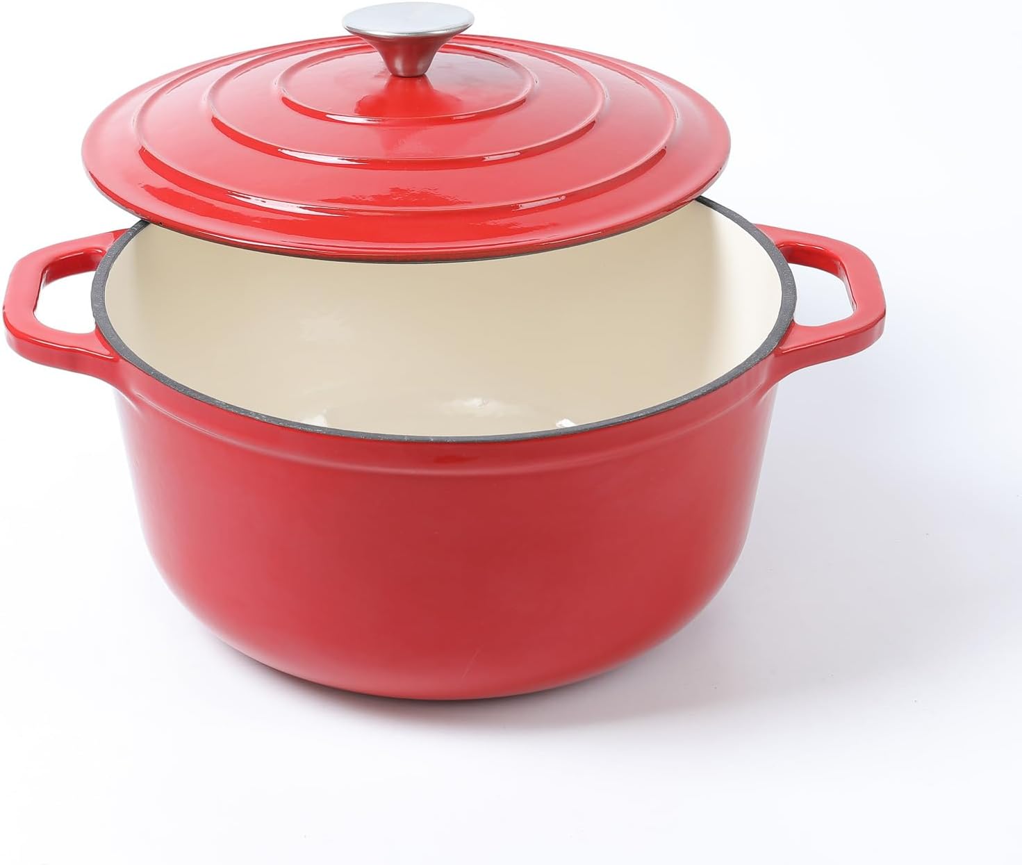 Horno holandés de hierro fundido esmaltado con tapa, 5 cuartos de galón, horno holandés redondo profundo con asas dobles, rojo