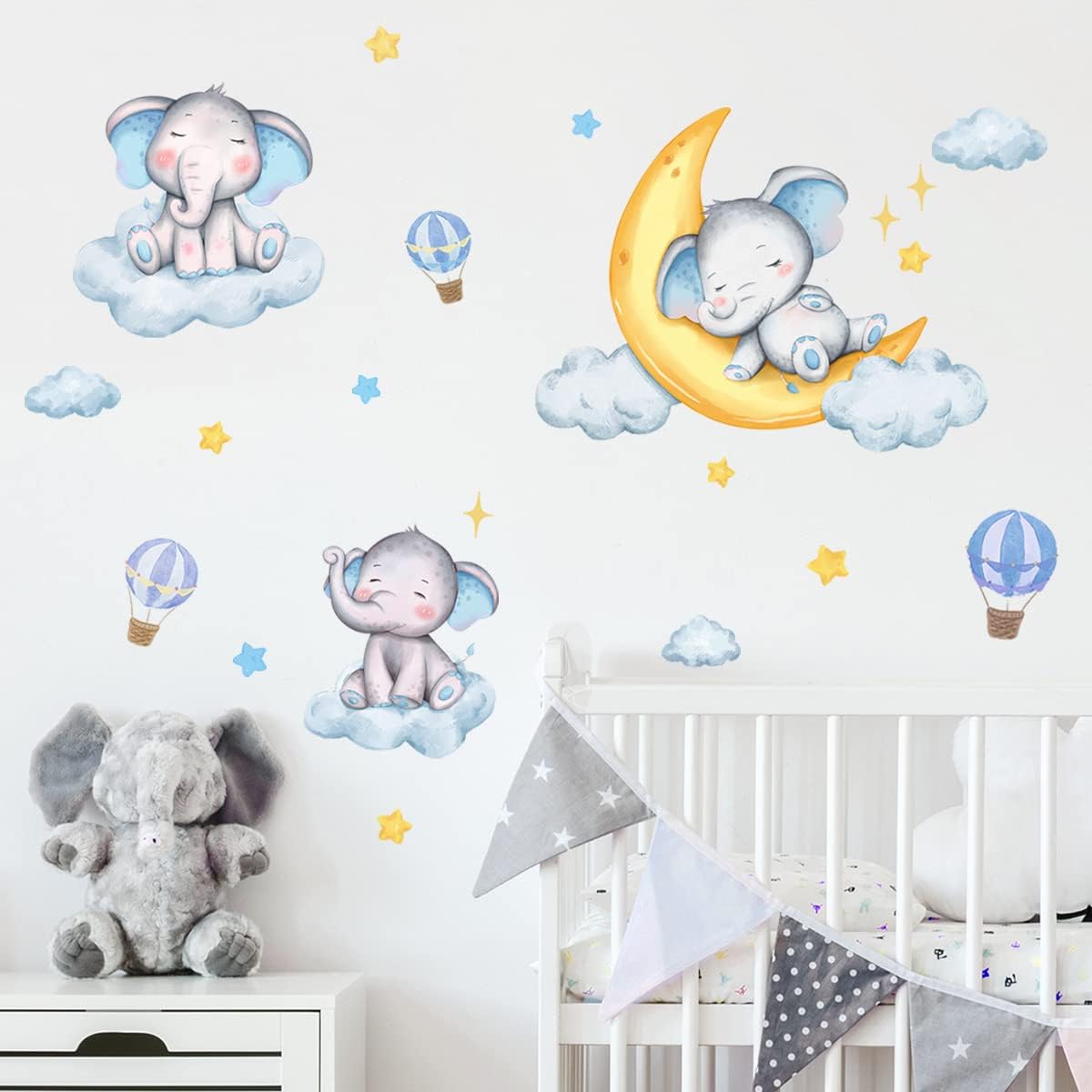 Decoración de pared de elefante de ensueño azul, luna dorada, globo aerostático, estrellas, calcomanías de pared para habitación de bebé, habitación