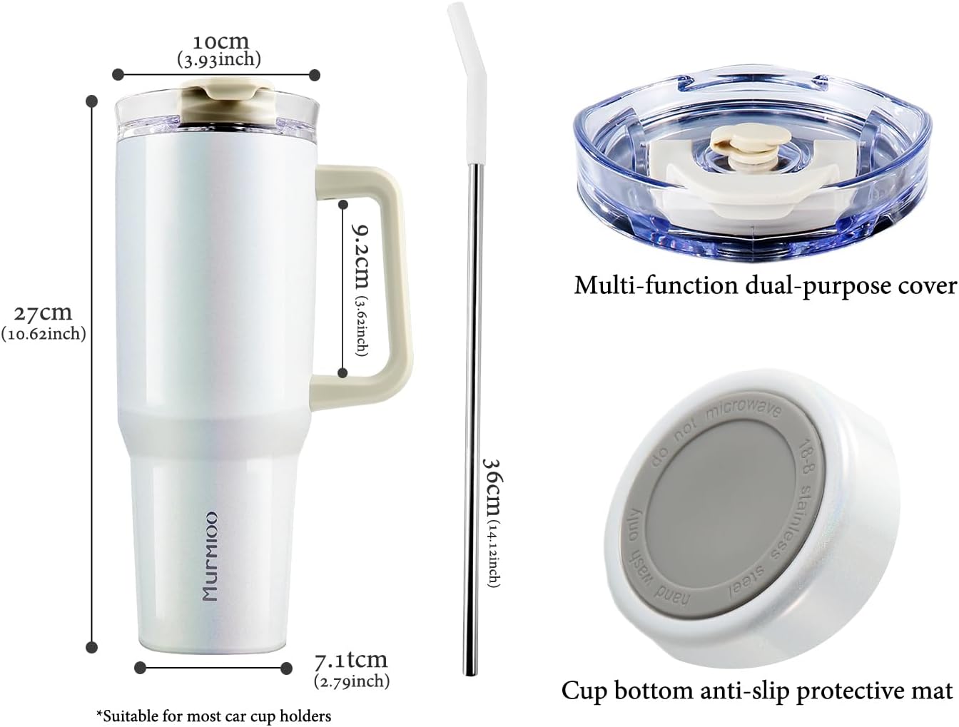 Murmioo Vaso de 40 onzas con asa y popote, taza de viaje de acero inoxidable de doble pared aislada a prueba de fugas, mantiene el frío, el calor y