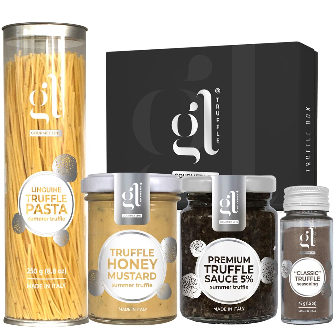 Caja de Regalo Gourmet de Trufas ”DELUXE”, incluye Pasta de Trufa Linguine 8.82 oz, Condimento de Trufas CLÁSICO” 1.59 oz, Miel de Trufa Mostaza