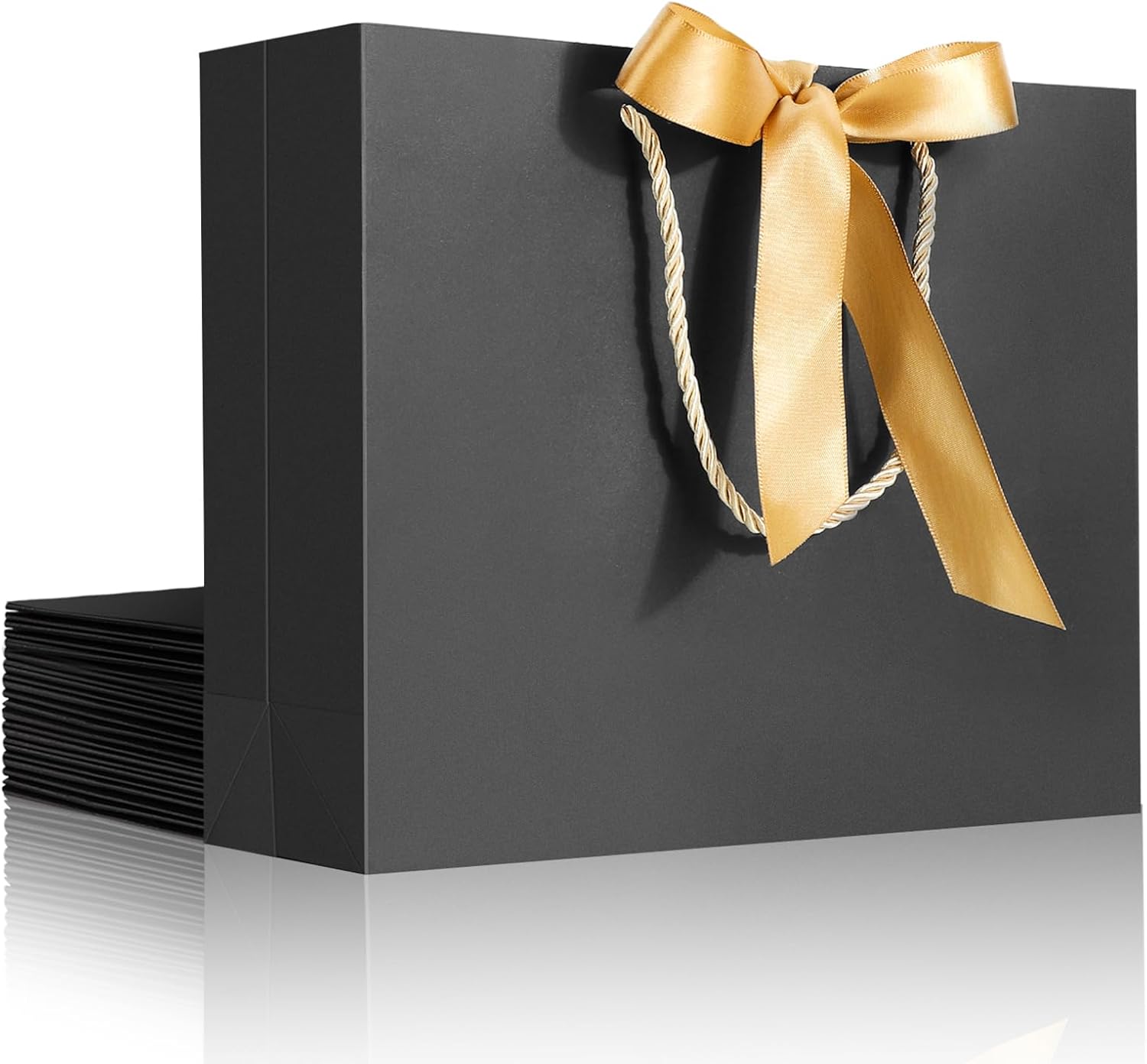 EUSOAR Bolsas de regalo con cinta, 12 bolsas de papel kraft negro de agradecimiento de 10.6 x 3.1 x 8.3 pulgadas, con asa de cinta de lazo, bolsas