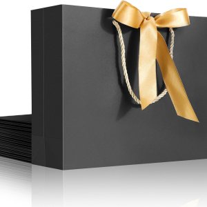 EUSOAR Bolsas de regalo con cinta, 12 bolsas de papel kraft negro de agradecimiento de 10.6 x 3.1 x 8.3 pulgadas, con asa de cinta de lazo, bolsas EUSOAR Bolsas de regalo con cinta, 12 bolsas de papel kraft negro de agradecimiento de 10.6 x 3.1 x 8.3 pulgadas, con asa de cinta de lazo, bolsas