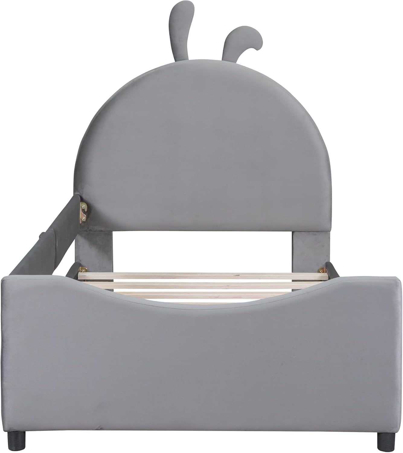 Cama tapizada de tamaño individual con cabecera en forma de conejo, marco de cama de plataforma baja con rieles, sofá cama de terciopelo con soporte