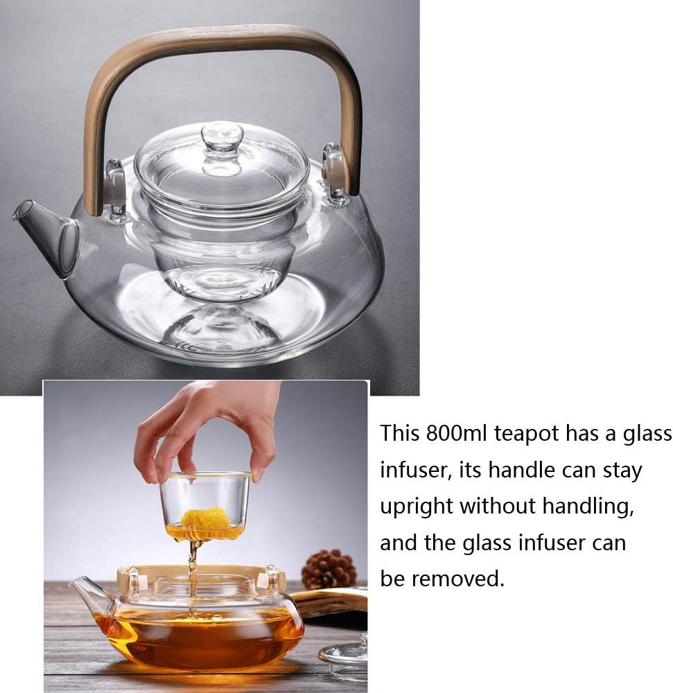 Tetera de vidrio de 27.1fl oz con infusor de vidrio, tetera con colador para té suelto, segura en estufa, tetera con mango de bambú (27.1fl oz28 oz)