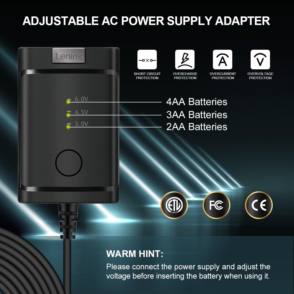 Lenink Adaptador de fuente de alimentación de CA ajustable para 2 pilas AA 3 AA 4 AA, adaptador de repuesto de batería AA para luces LED,