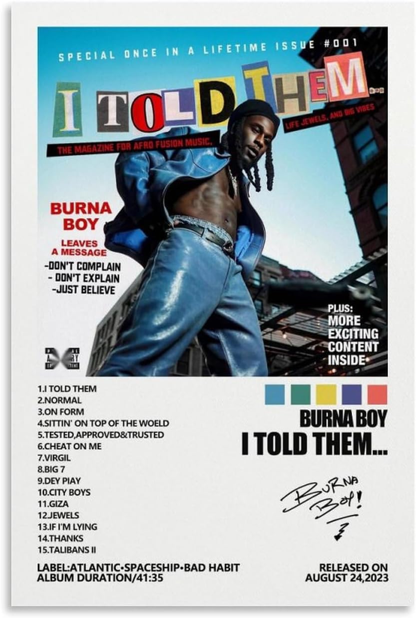 MOMYO Burna Boy – Póster con texto en inglés “I Told Them”, póster para habitación, estético, lienzo para pared, decoración de dormitorio, 12 x 18