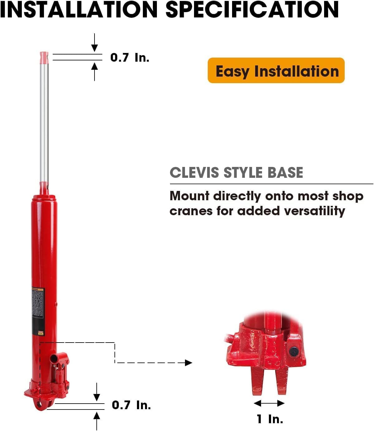BIG RED Gato hidráulico largo Ram con bomba de pistón simple y base de horquilla (Compatible con garajegrúas de taller, polipastos de motor y más),