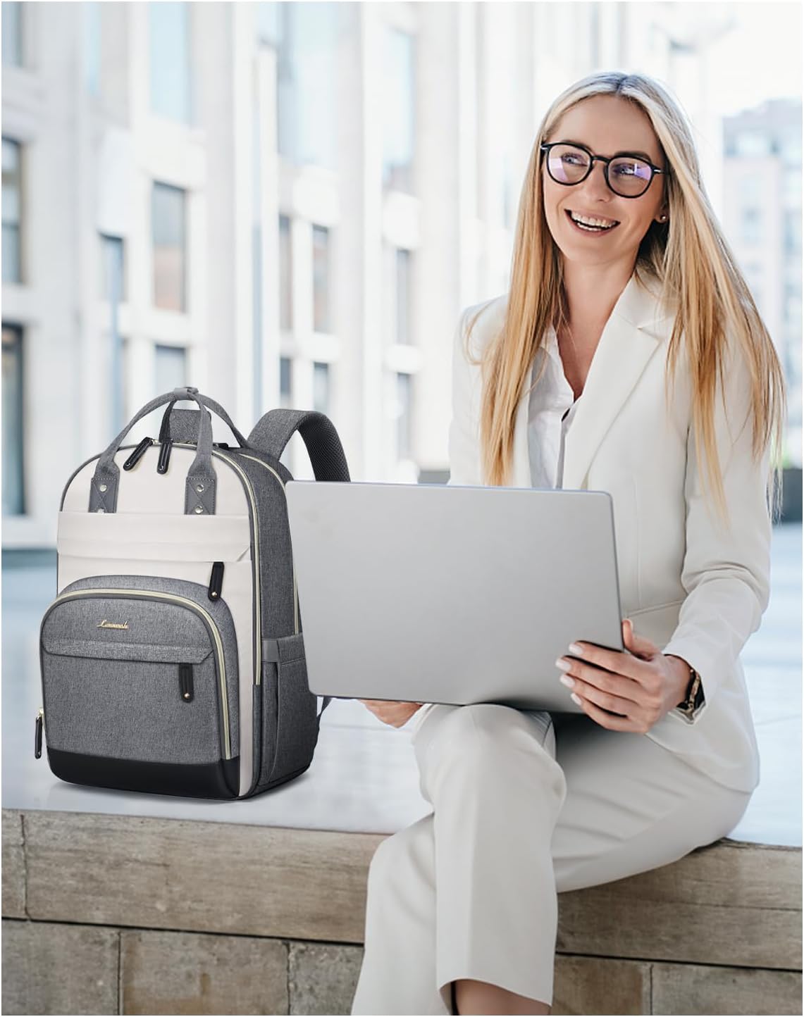 LOVEVOOK Mochila para laptop para mujer, bolsa de viaje antirrobo, Gris-beige-negro, El diseño de empalme multicolor está lleno de vitalidad y es