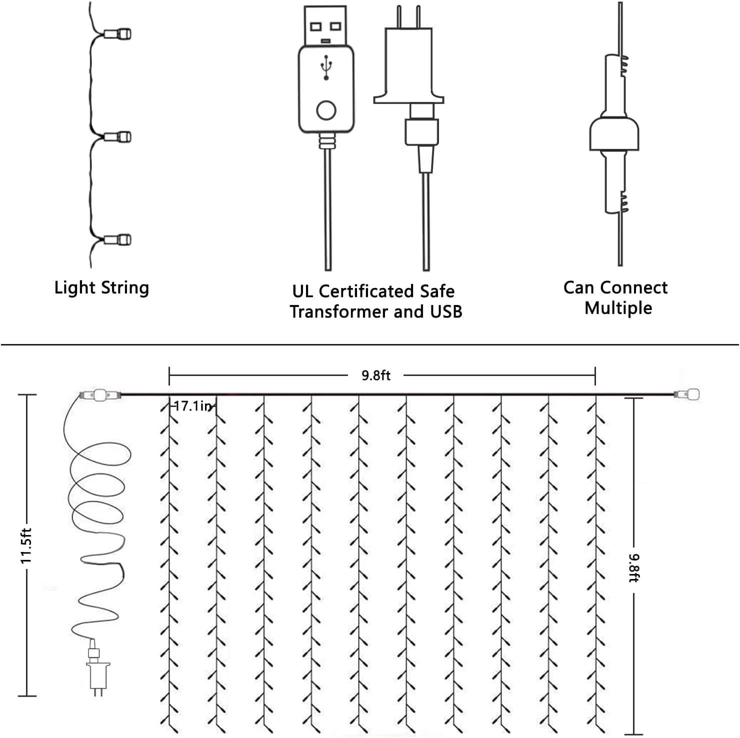 Guirnalda de luces LED para interiores, tira de luces USB con luces de cortina remotas para interiores (600 LED cálidos)