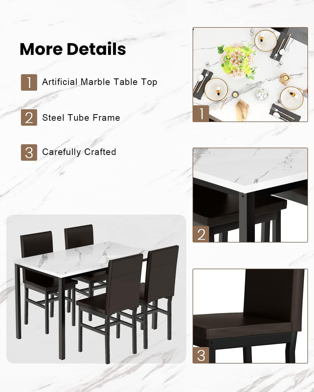 Recaceik Juego de mesa de comedor de 5 piezas para 4 personas, moderno juego de mesa de cocina de 47 pulgadas con parte superior de mármol