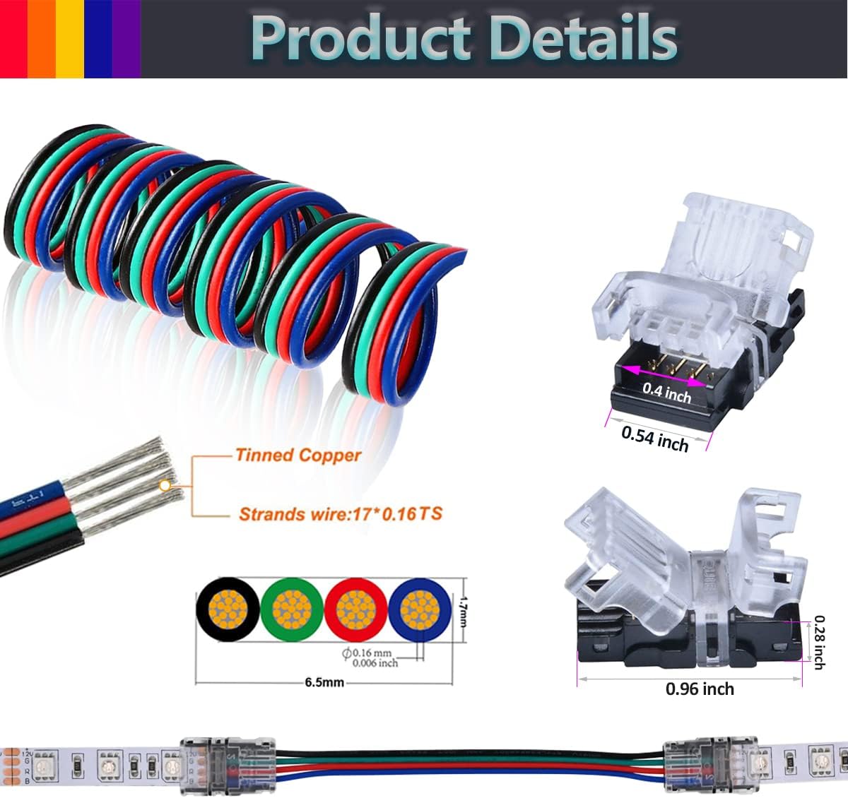 Paquete de 10 conectores LED sin soldadura para tira LED a cable, conexión rápida, con cable de extensión RGB de 4 pines 22 AWG de 32.8 pies