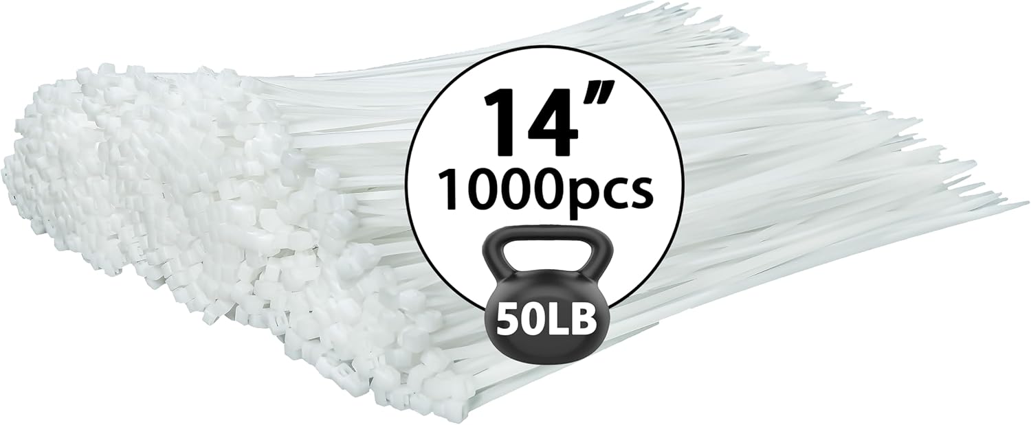 Bridas blancas de 14 pulgadas (paquete de 1000), transparentes, 50 libras, resistentes a los rayos UV para uso en exteriores LOCKLOCK
