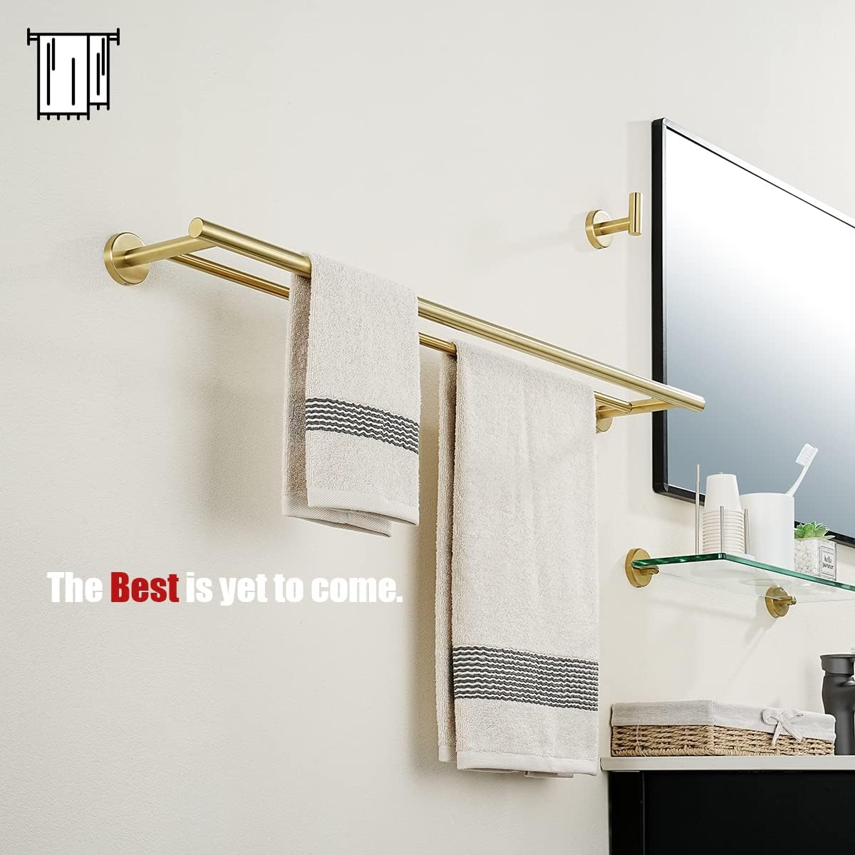 JQK Toallero de baño doble, oro cepillado de 27 pulgadas, acero inoxidable 304 de grosor de 0.031 in para baño, toallero de pared para montaje en