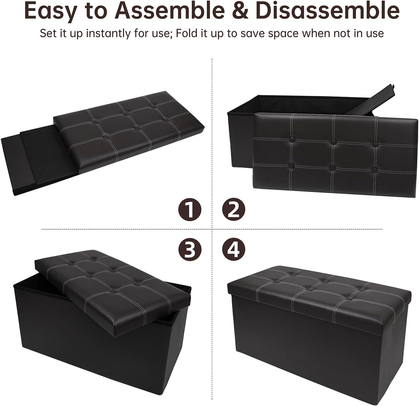 Otomana plegable de almacenamiento de 30 pulgadas, otomana de cuero sintético negro, banco de almacenamiento para dormitorio, sala de estar y