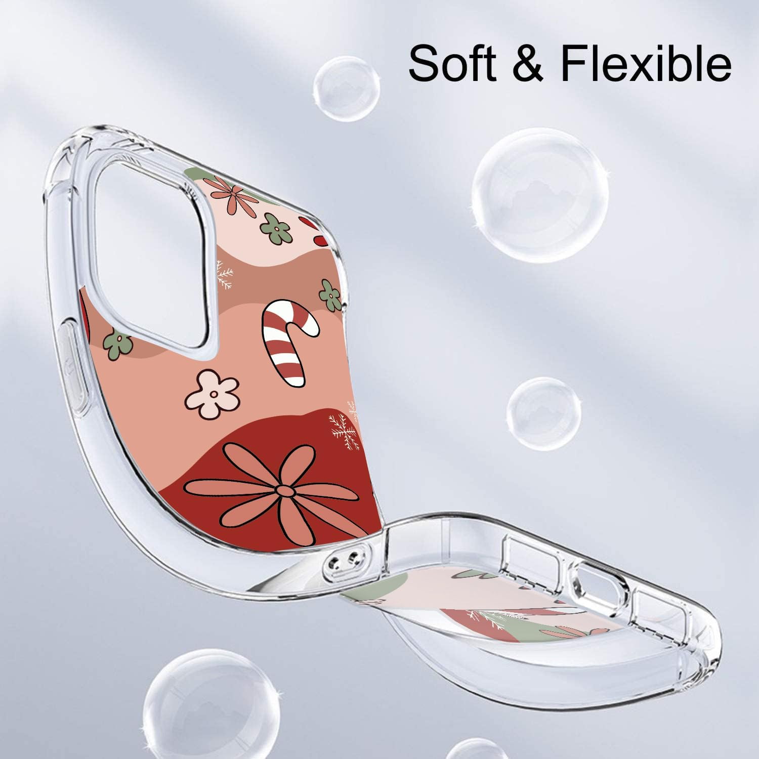 COBATREE Funda de Navidad para iPhone 15, funda transparente de copo de nieve con muletas de Navidad, a prueba de golpes, funda suave para iPhone 15