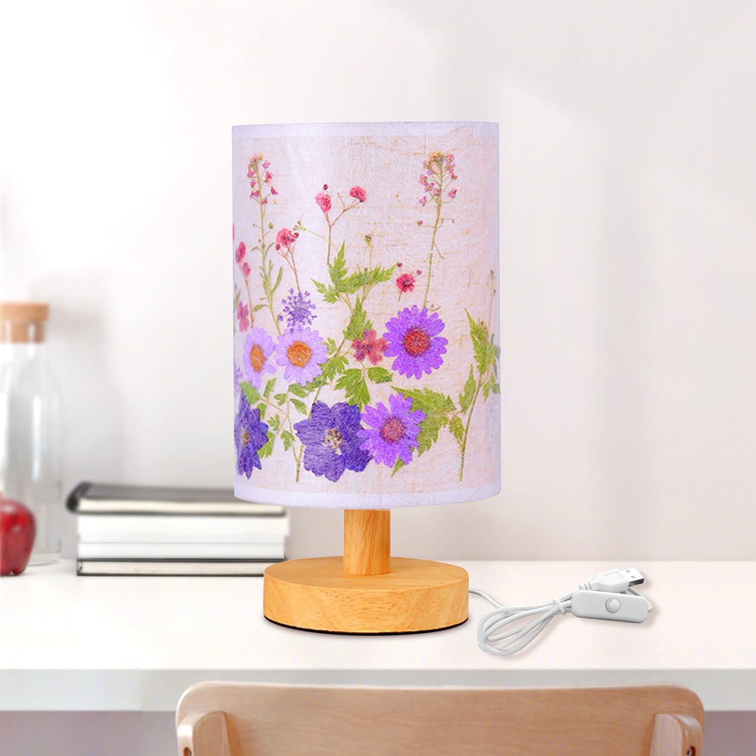 Lámpara de mesa de flores con base de madera, lámpara de mesa con pantalla de lino, lámparas pequeñas para mesita de noche, dormitorio, sala de
