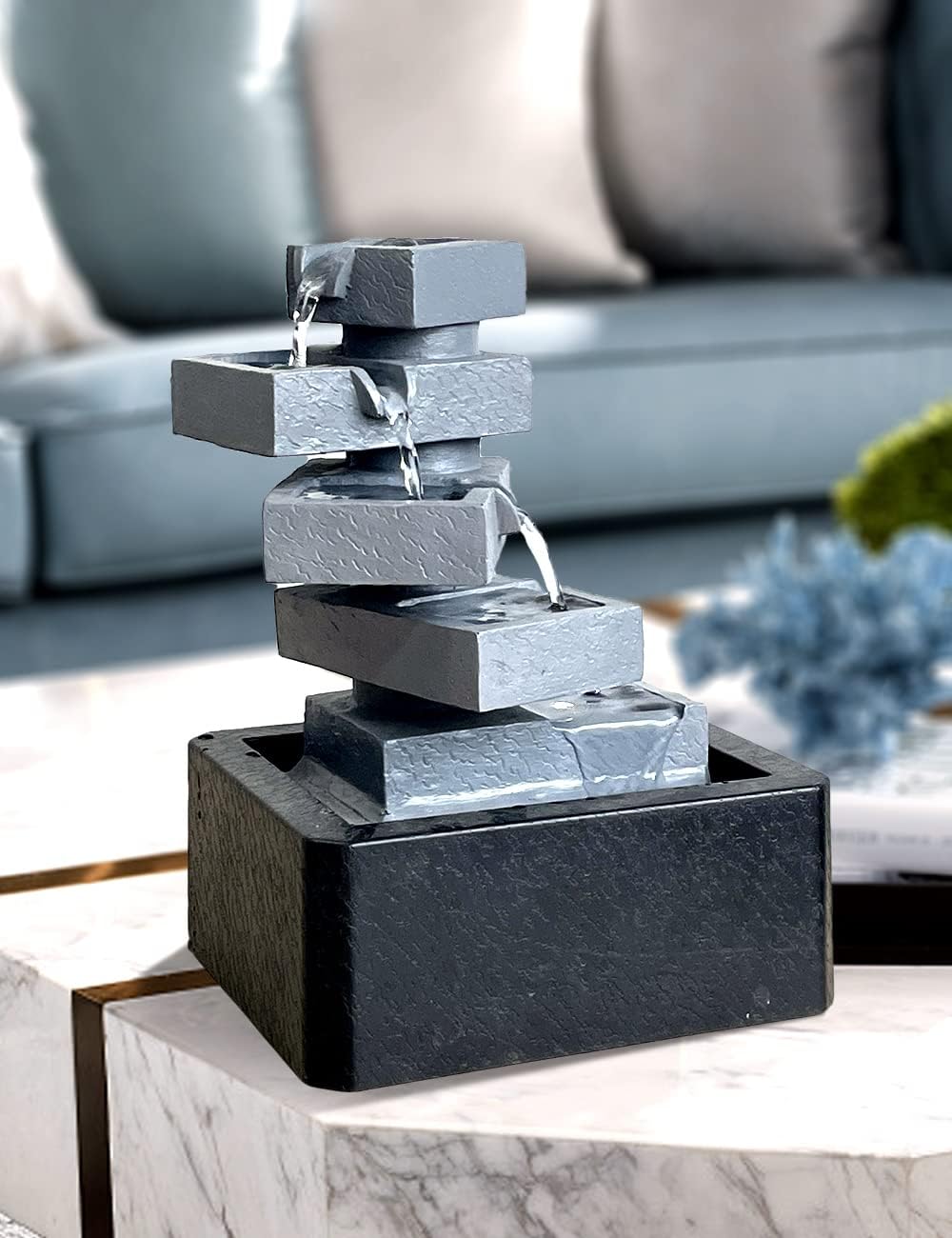 SEINHIJO Fuente de agua de mesa para interiores, Fengshui, cascada, centro de mesa, decoración moderna, escultura, regalos, luces LED de 11 pulgadas