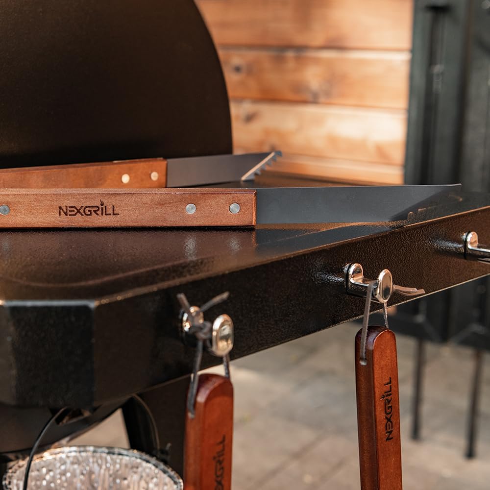 Nexgrill Juego de herramientas de 3 piezas con asas de madera, incluye espátula, palo para asar y pinzas de alta resistencia, acero antiadherente,