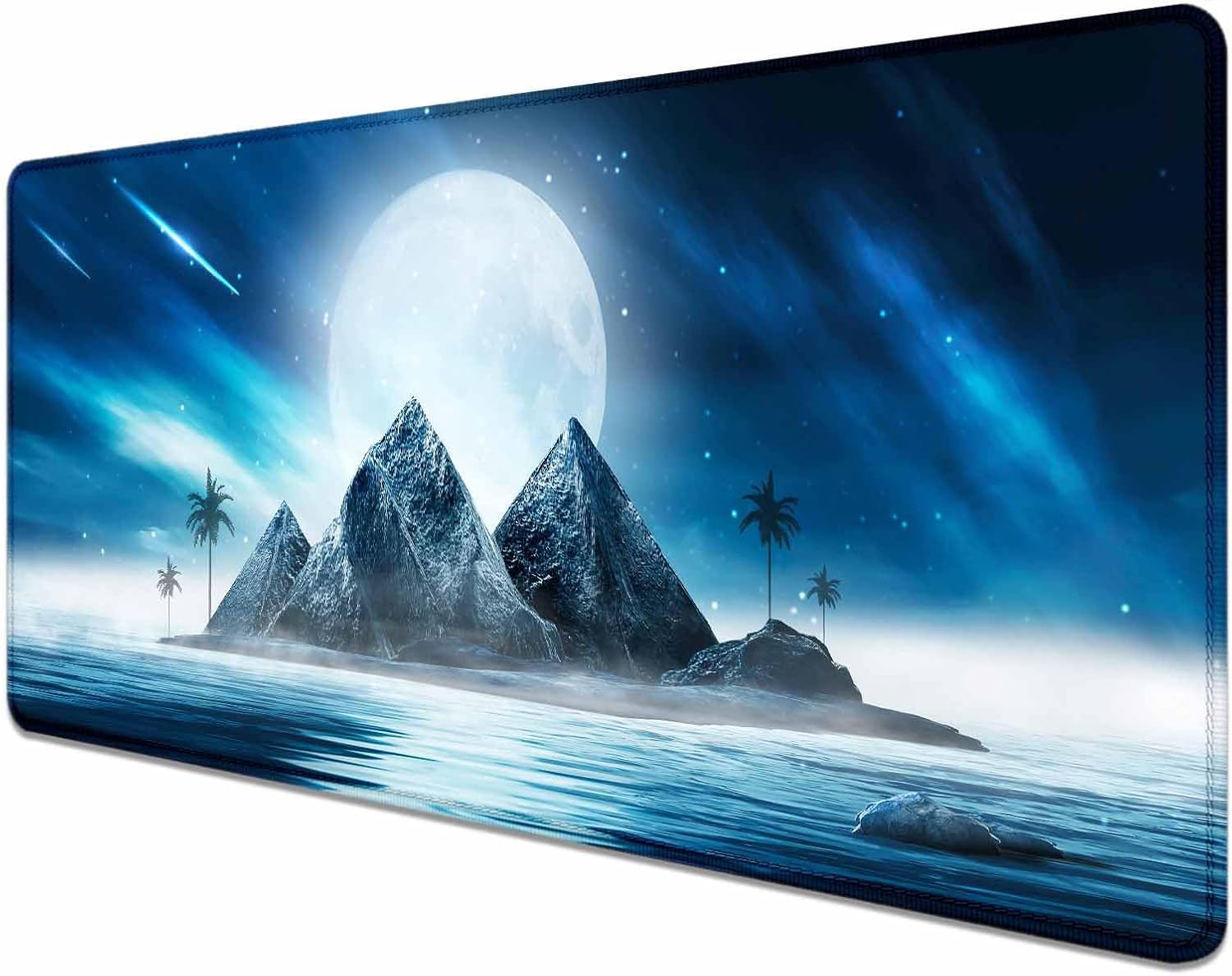 Alfombrilla de mouse grande extendida para juegos con bordes cosidos, alfombrilla de escritorio de luna llena de montaña azul para computadora,