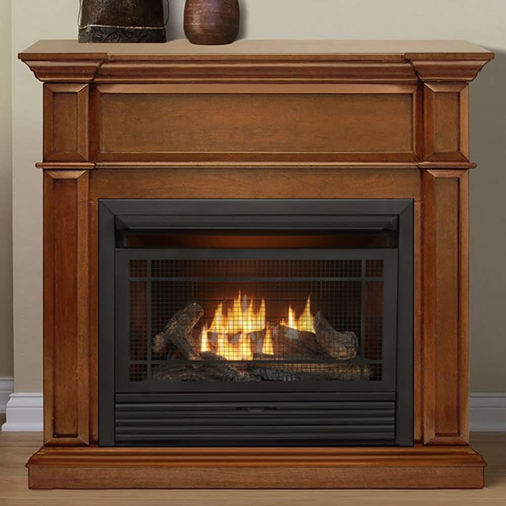 Duluth Forge Sistema de chimenea de gas sin ventilación de combustible dual con manto, control de termostato, 5 troncos de fuego, uso con gas